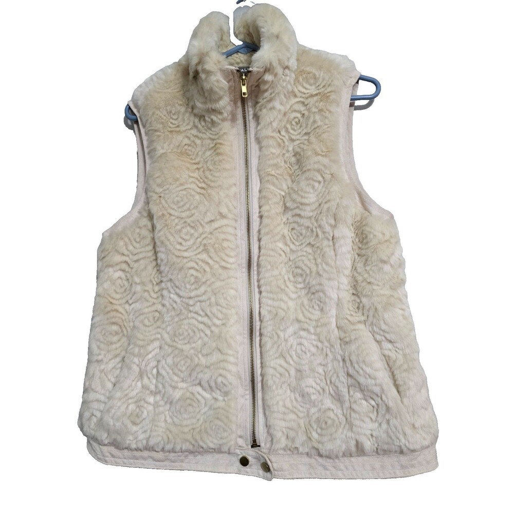 Roz & Ali Size Large Womens Faux Fur Cream Vest Full Zip NWT